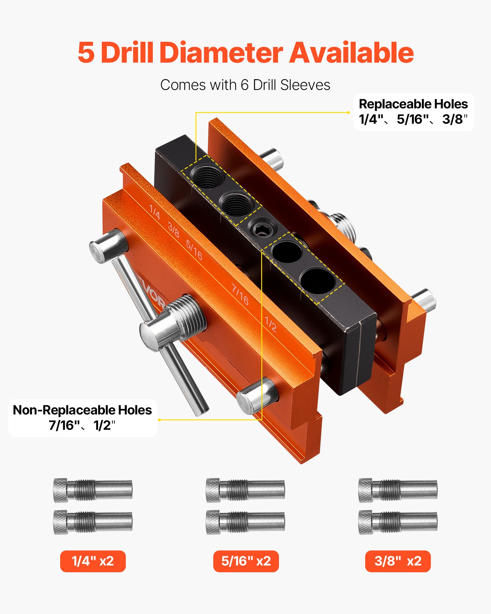 VEVOR Doweling Jig Kit, Self Centering Dowel Drill Jig for Straight Holes, Aluminum Alloy Woodworking Tools with 6 Drill Guide Bushings, Adjustable Width, for Wood Working, Drilling and Marking