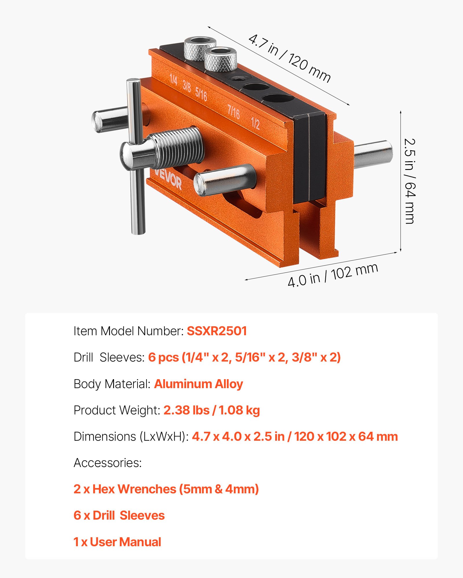VEVOR Doweling Jig Kit, Self Centering Dowel Drill Jig for Straight Holes, Aluminum Alloy Woodworking Tools with 6 Drill Guide Bushings, Adjustable Width, for Wood Working, Drilling and Marking