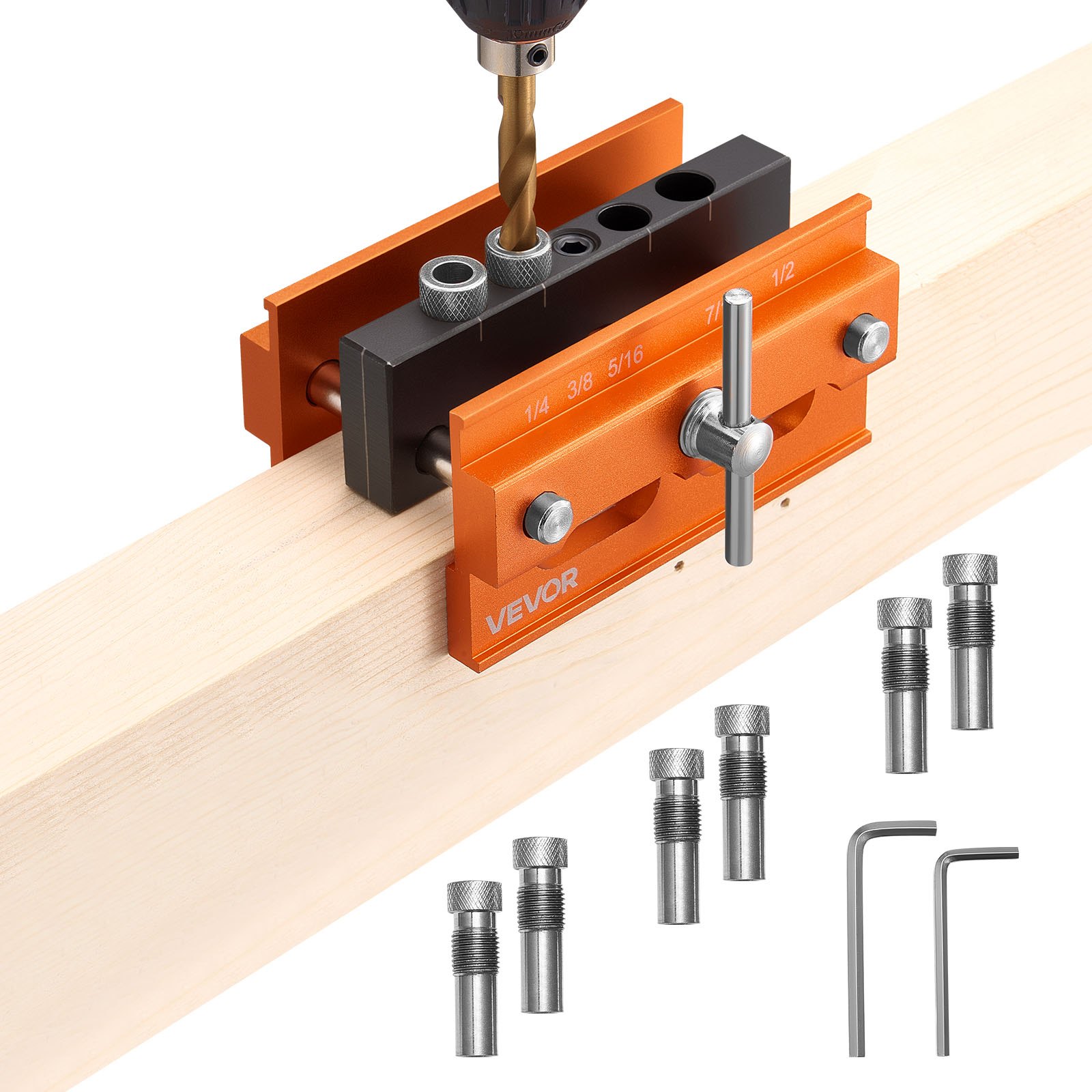 VEVOR Doweling Jig Kit, Self Centering Dowel Drill Jig for Straight Holes, Aluminum Alloy Woodworking Tools with 6 Drill Guide Bushings, Adjustable Width, for Wood Working, Drilling and Marking