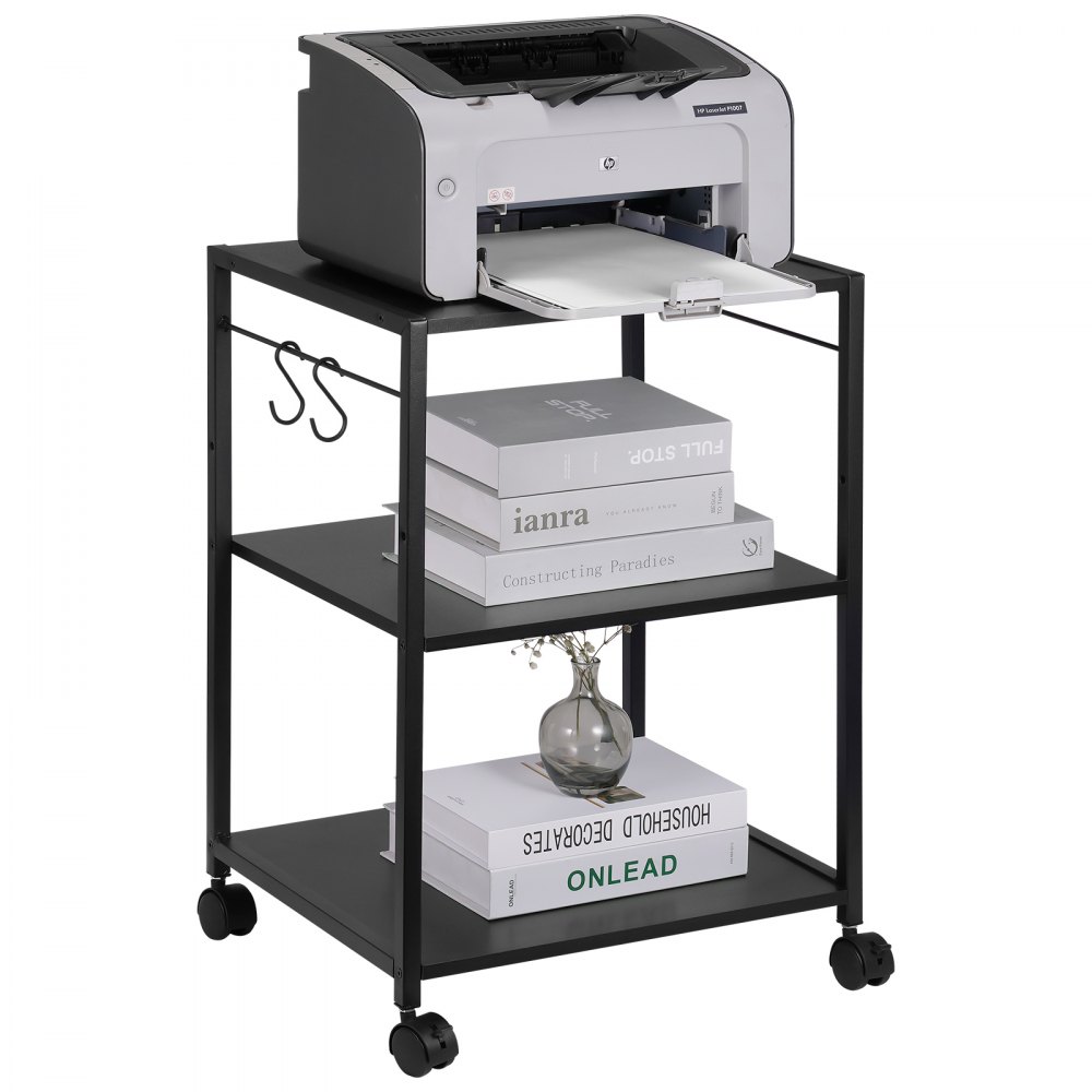 VEVOR Soporte de impresora VEVOR, soporte de impresora de 3 niveles  ajustable en altura, carro de impresora con estantes de almacenamiento y  ganchos para impresora, escáner, fax, uso doméstico, certificado EPA, negro