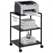 Suport pentru imprimantă VEVOR, suport pentru imprimantă cu 3 niveluri, reglabil pe înălțime, cărucior de imprimantă cu rafturi de depozitare și cârlige pentru imprimantă, scaner, fax, uz la biroul de acasă, certificat EPA, negru