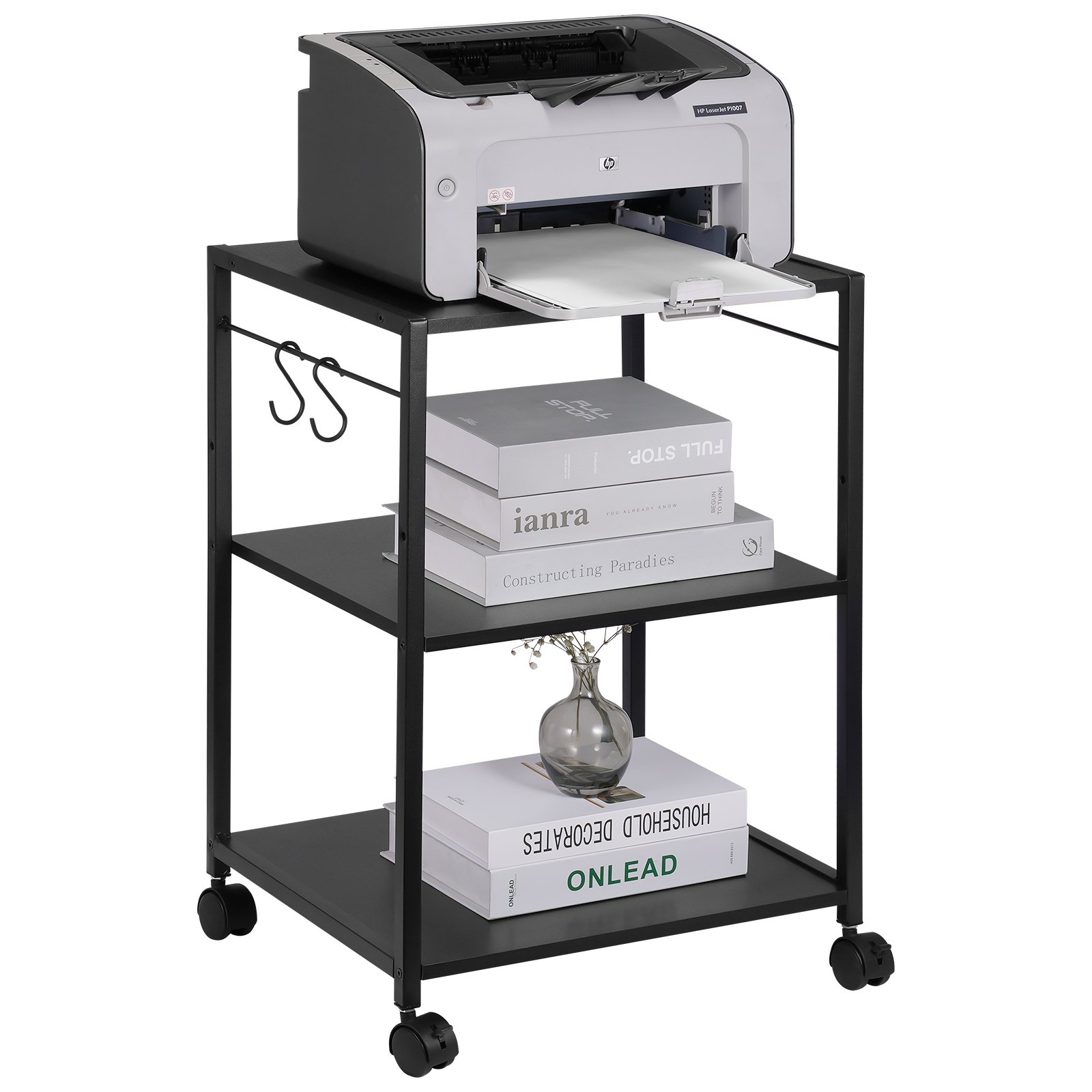 Sweiko Printer Stand 3-Tier Rolling Printer Cart with Hooks and Storage Shelves Sweiko Printer Stand 3-Tier Rolling Printer Cart with Hooks and Storage Shelves