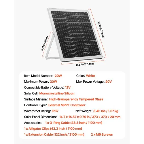 VEVOR 20W 12V Solar Panel Battery Charger, Solar Battery Trickle