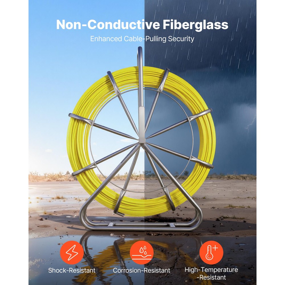 VEVOR Fish Tape Fiberglass, 152M 6.3MM, Duct Rodder Fishtape Wire Puller with Stand, Cable Running Rod with Locking Mechanism, Fishing Tools, for Walls Floor and Electrical Conduit, Non-Conductive