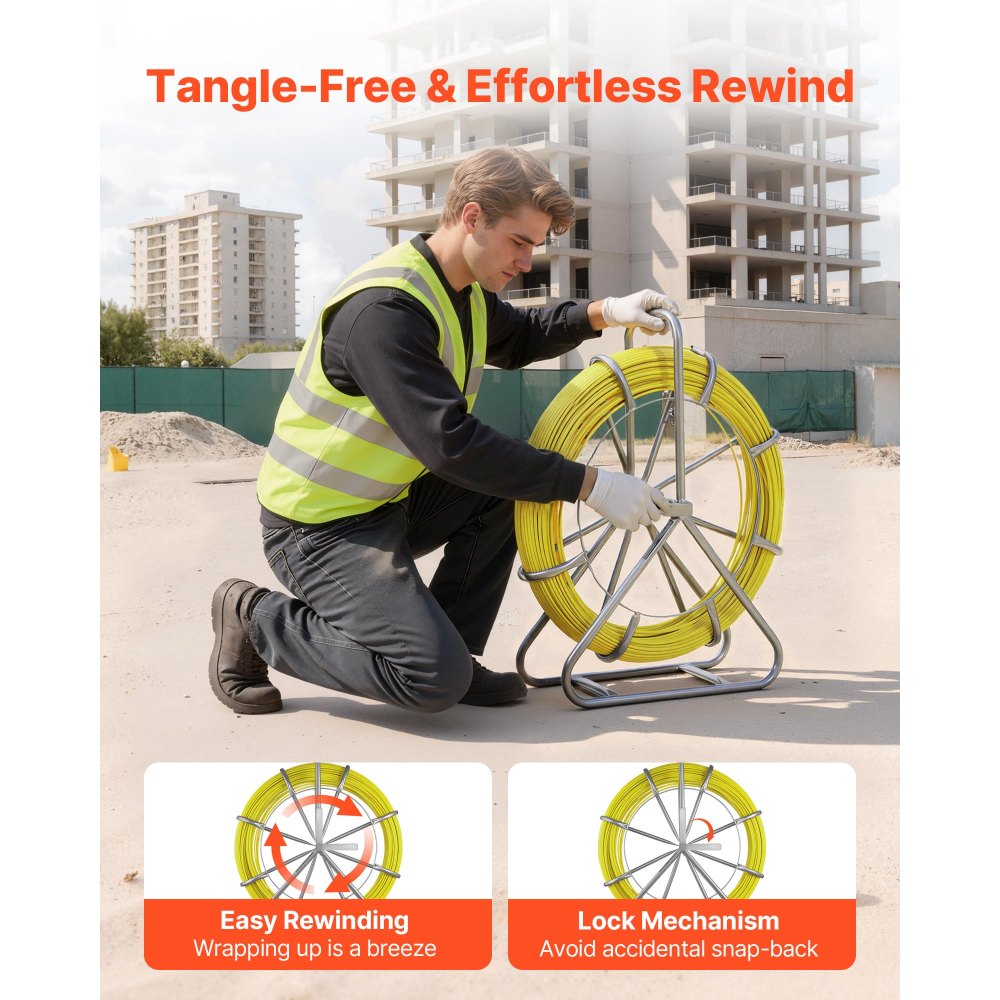 VEVOR Fish Tape Fiberglass, 152M 6.3MM, Duct Rodder Fishtape Wire Puller with Stand, Cable Running Rod with Locking Mechanism, Fishing Tools, for Walls Floor and Electrical Conduit, Non-Conductive