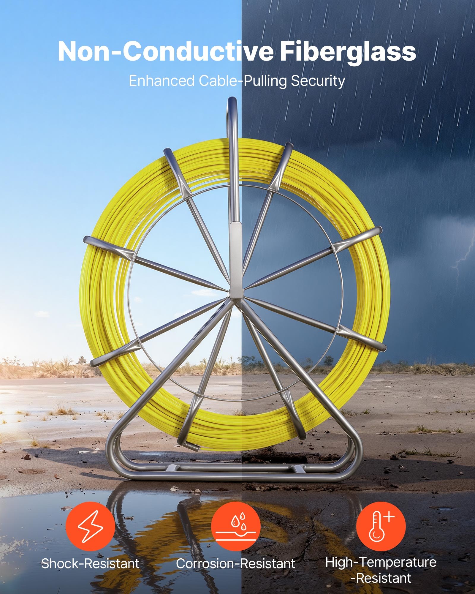 VEVOR Fish Tape Fiberglass, 152M 6.3MM, Duct Rodder Fishtape Wire Puller with Stand, Cable Running Rod with Locking Mechanism, Fishing Tools, for Walls Floor and Electrical Conduit, Non-Conductive