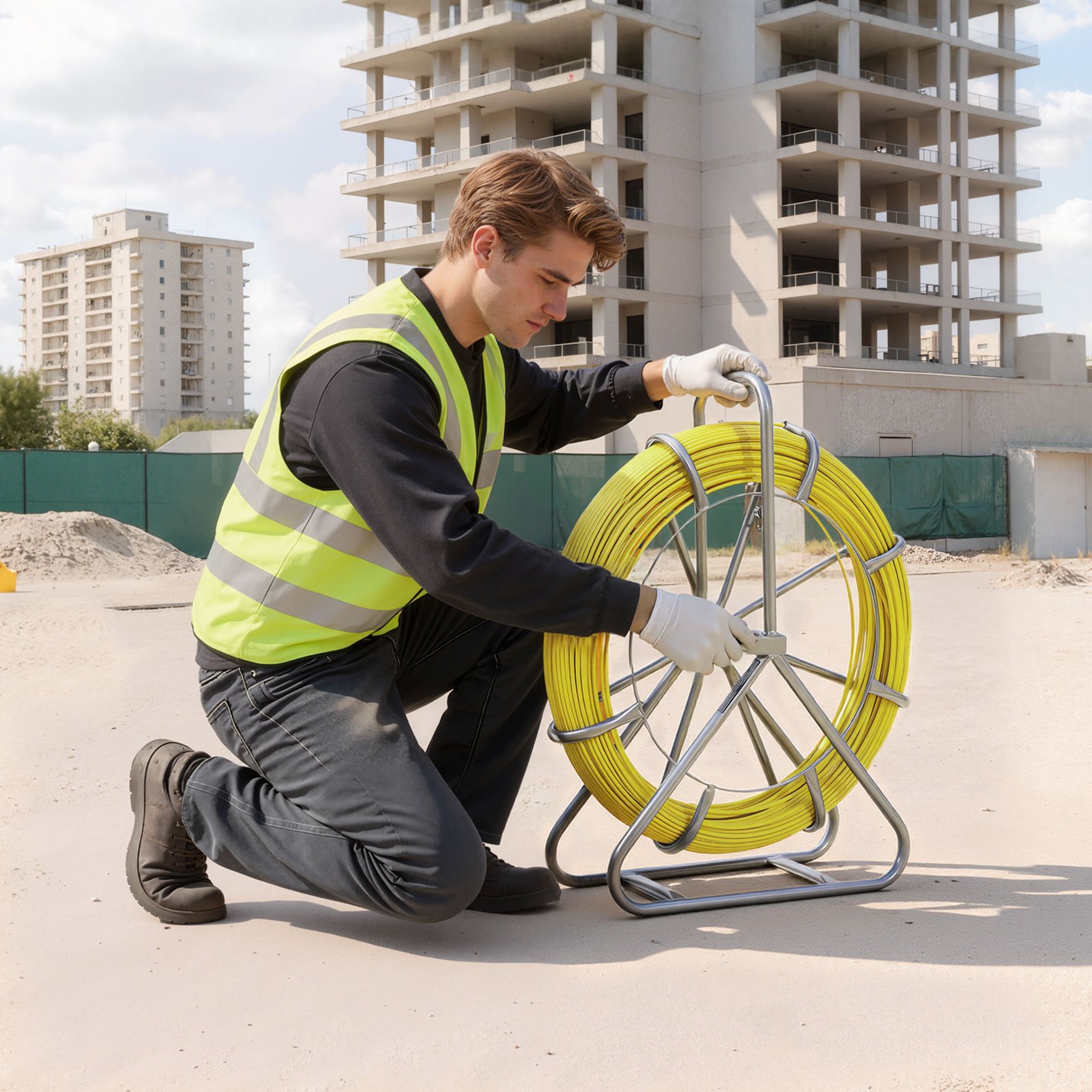 VEVOR Fish Tape Fiberglass, 152M 6.3MM, Duct Rodder Fishtape Wire Puller with Stand, Cable Running Rod with Locking Mechanism, Fishing Tools, for Walls Floor and Electrical Conduit, Non-Conductive