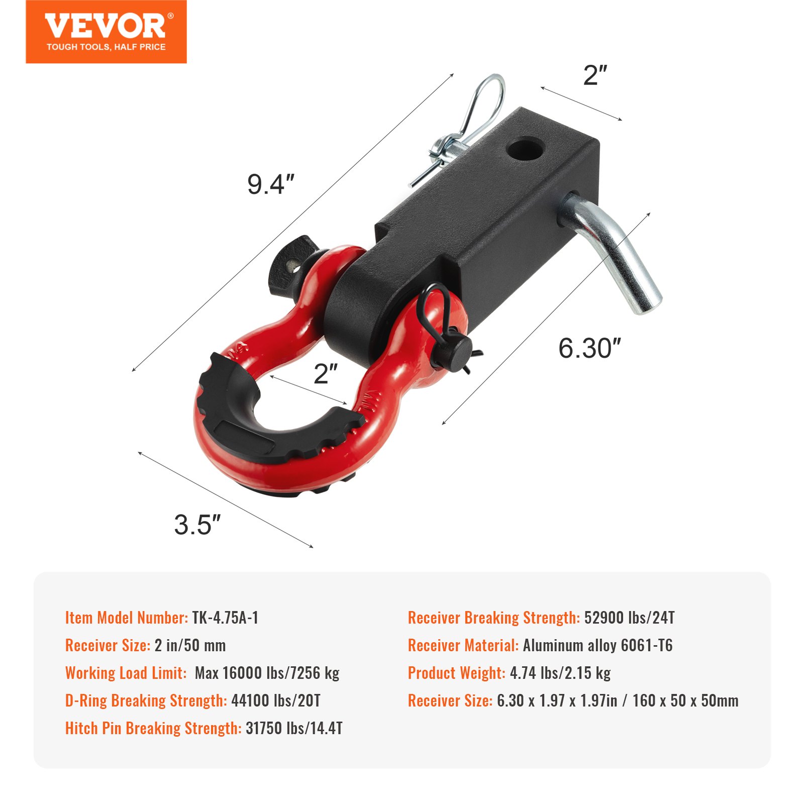 VEVOR Shackle Hitch Receiver, Fits 50 mm Receivers, 24 Tons Breaking Strength, D Ring Shackle with Trailer Hitch Lock Pin, Heavy Duty Towing Accessories for Trucks, Jeeps, Off-Road Vehicle Recovery