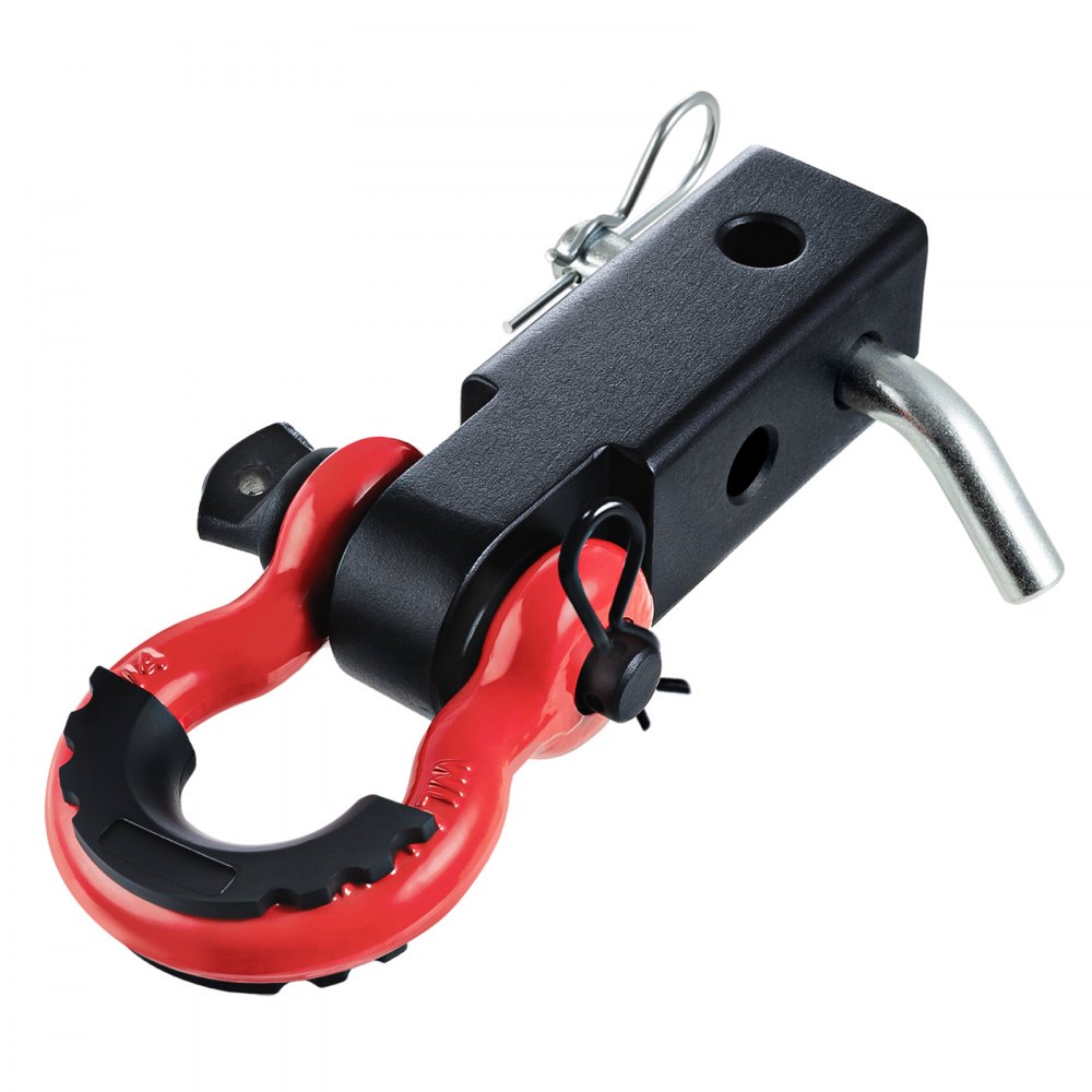 VEVOR trailer hitch receiver with red shackle and safety pin, showcasing durability and towing capability.