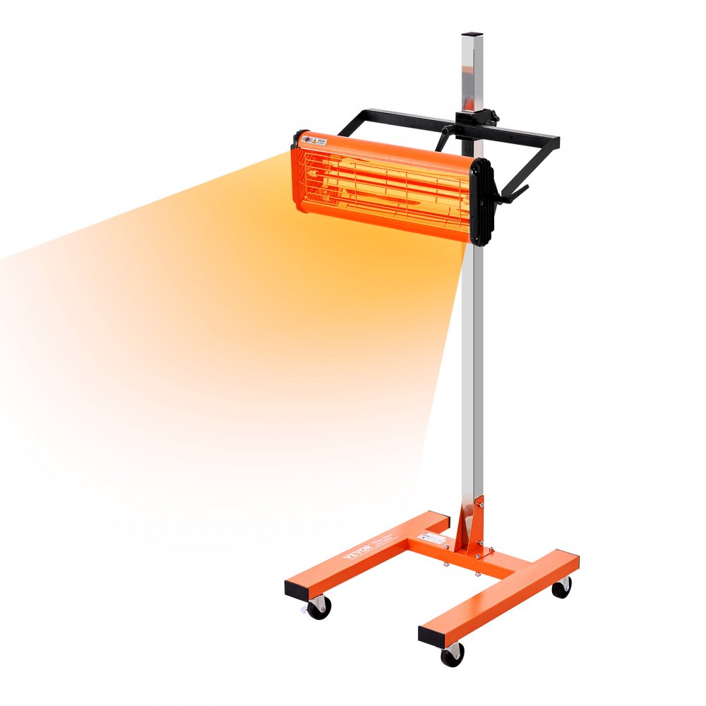 orange VEVOR infrared curing lamp on a black stand with caster wheels, emitting an orange light.