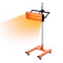 orange VEVOR infrared curing lamp on a black stand with caster wheels, emitting an orange light.