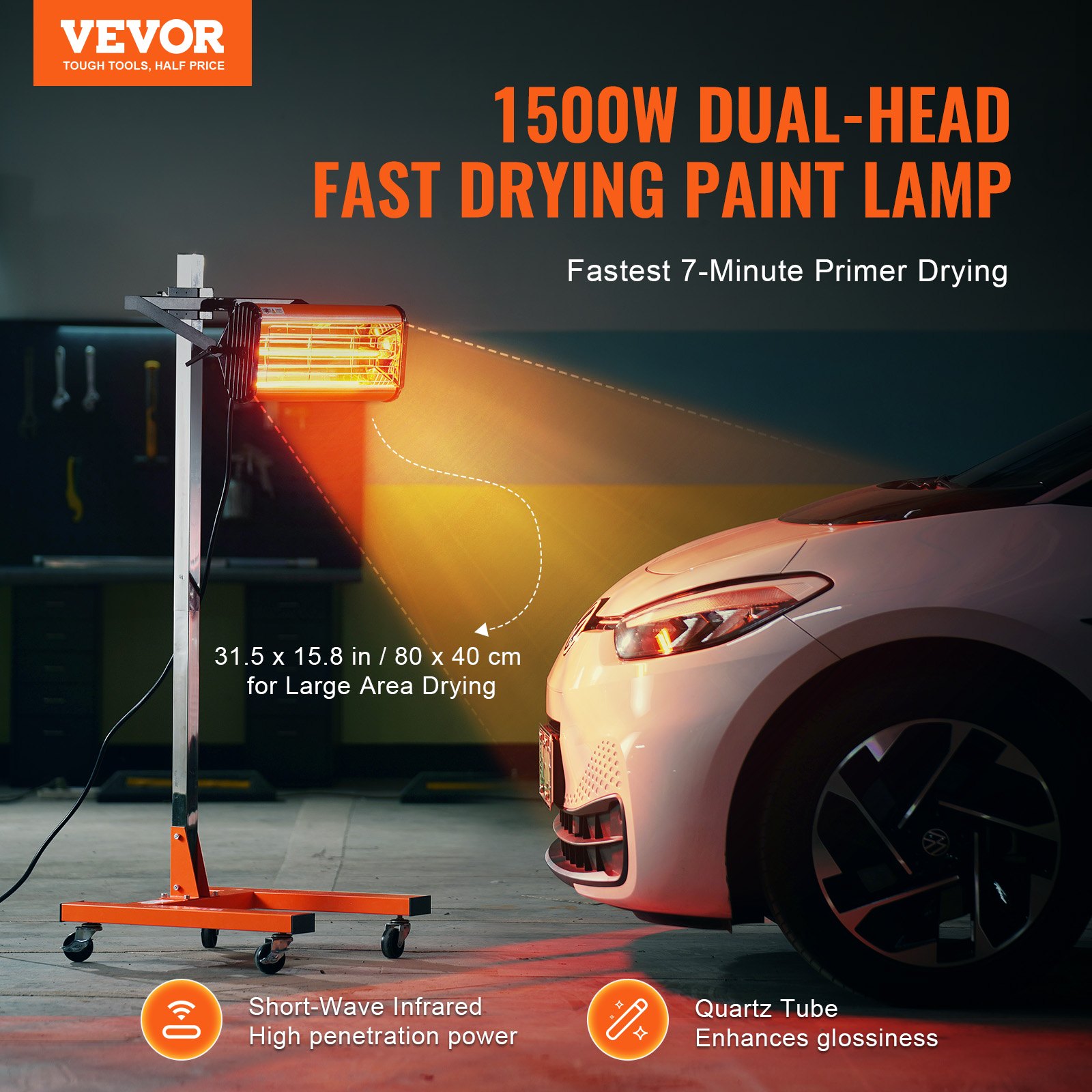 VEVOR Infrared Curing Lamp, 1500W 1-60 min Timing, Auto Heating Car Curing Light with Bracket, 3.44 sq.ft Baking Area Spray Baking Booth Heaters, Paint Dryer for On-Site Repair, Engine Drying