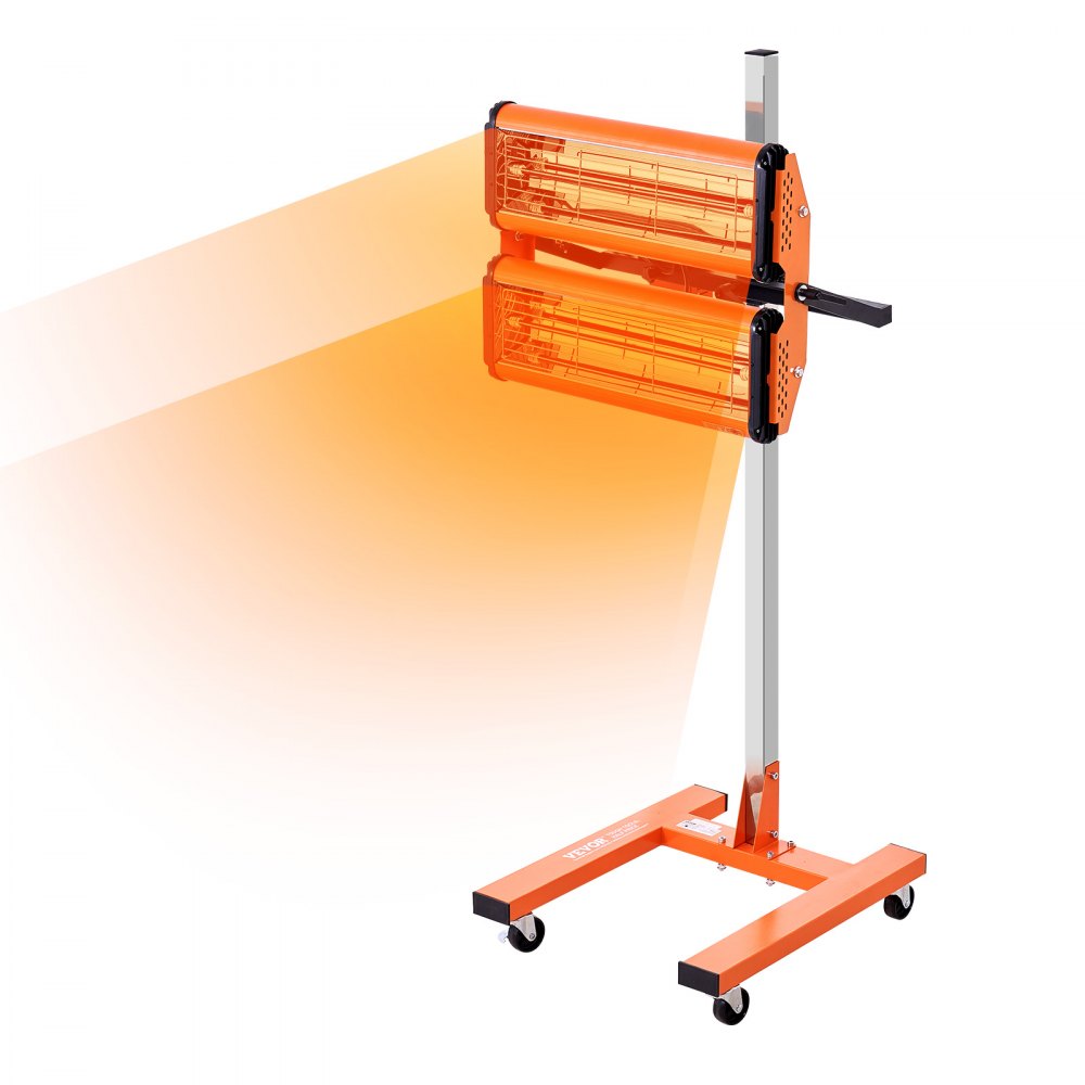 Lampe de polymérisation infrarouge VEVOR avec radiateurs à double tube orange sur un support réglable en hauteur avec roulettes.