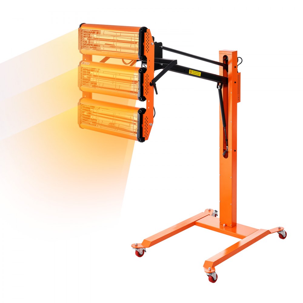 VEVOR infrared curing lamp with adjustable stand and three heating panels, emitting orange light.