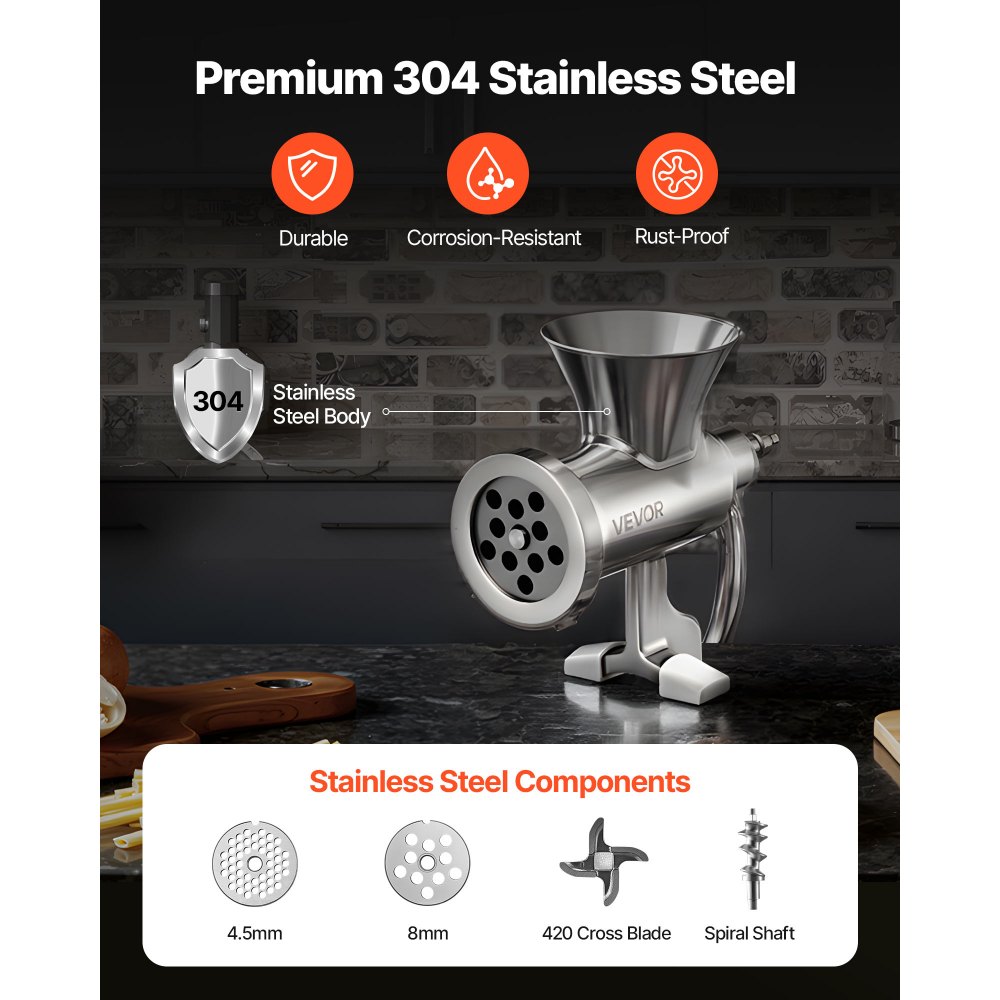 VEVOR Manual Meat Grinder, 304 Stainless Steel Hand Crank Meat Mincer with Steel Table Clamp, Sausage Stuffer with 2 Cutting Plates & 4 Sausage Tubes, Food Grinder for Beef Chili Pork Kitchen Tabletop