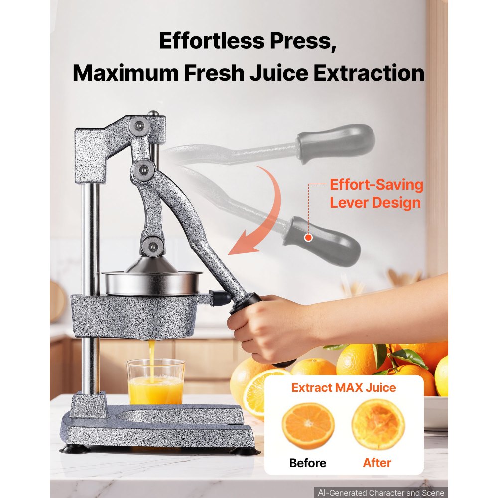 VEVOR Manual Citrus Juicer, 15" Tall Hand Press Orange Juicer, Manual Fresh Juice Extractor for Lemon Pomegranate Grapefruit, Heavy-Duty Cast Iron, Easy to Clean, Home & Commercial Use, Silver Gray