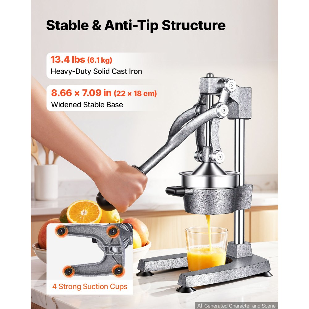 VEVOR Manual Citrus Juicer, 15" Tall Hand Press Orange Juicer, Manual Fresh Juice Extractor for Lemon Pomegranate Grapefruit, Heavy-Duty Cast Iron, Easy to Clean, Home & Commercial Use, Silver Gray