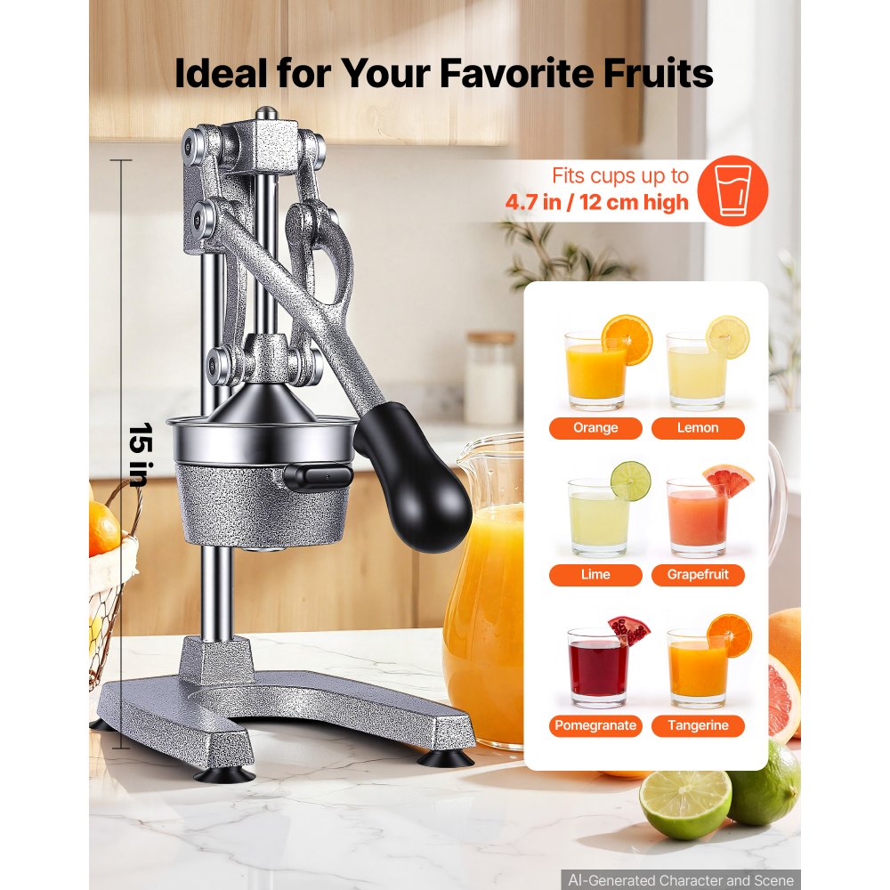 VEVOR Manual Citrus Juicer, 15" Tall Hand Press Orange Juicer, Manual Fresh Juice Extractor for Lemon Pomegranate Grapefruit, Heavy-Duty Cast Iron, Easy to Clean, Home & Commercial Use, Silver Gray