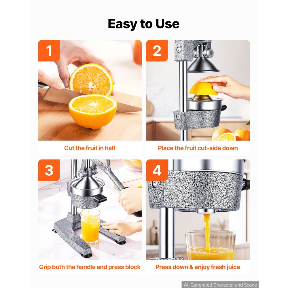 VEVOR Manual Citrus Juicer, 15" Tall Hand Press Orange Juicer, Manual Fresh Juice Extractor for Lemon Pomegranate Grapefruit, Heavy-Duty Cast Iron, Easy to Clean, Home & Commercial Use, Silver Gray