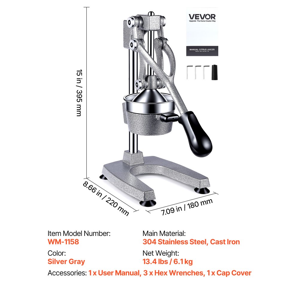 VEVOR Manual Citrus Juicer, 15" Tall Hand Press Orange Juicer, Manual Fresh Juice Extractor for Lemon Pomegranate Grapefruit, Heavy-Duty Cast Iron, Easy to Clean, Home & Commercial Use, Silver Gray