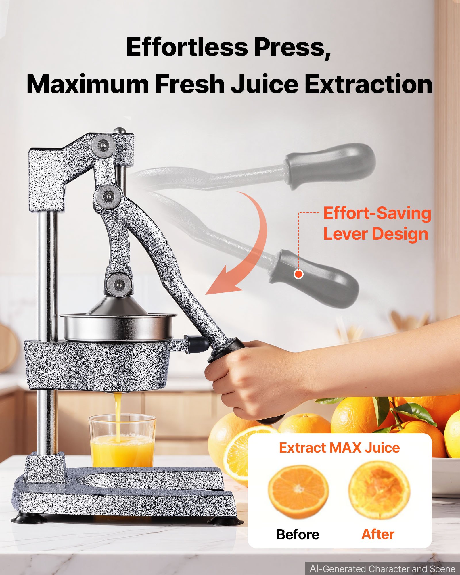 VEVOR Manual Citrus Juicer, 15" Tall Hand Press Orange Juicer, Manual Fresh Juice Extractor for Lemon Pomegranate Grapefruit, Heavy-Duty Cast Iron, Easy to Clean, Home & Commercial Use, Silver Gray