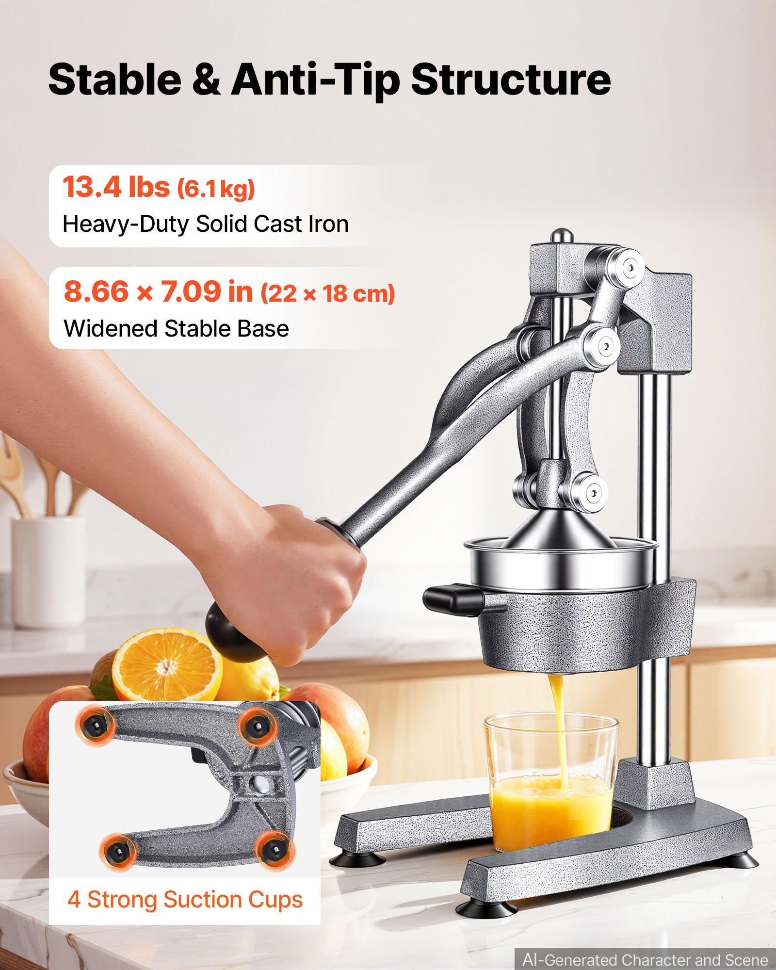 VEVOR Manual Citrus Juicer, 15" Tall Hand Press Orange Juicer, Manual Fresh Juice Extractor for Lemon Pomegranate Grapefruit, Heavy-Duty Cast Iron, Easy to Clean, Home & Commercial Use, Silver Gray