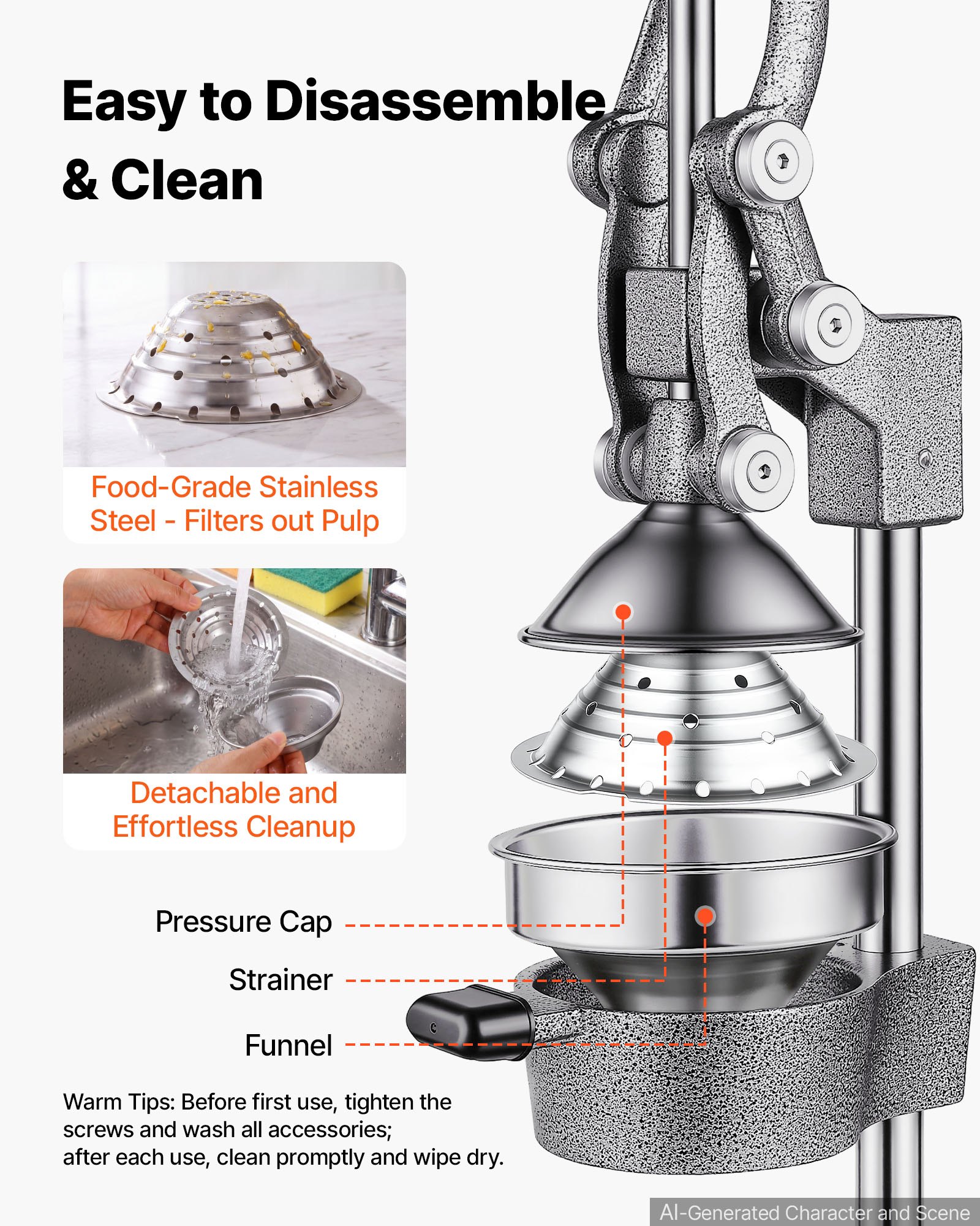 VEVOR Manual Citrus Juicer, 15" Tall Hand Press Orange Juicer, Manual Fresh Juice Extractor for Lemon Pomegranate Grapefruit, Heavy-Duty Cast Iron, Easy to Clean, Home & Commercial Use, Silver Gray