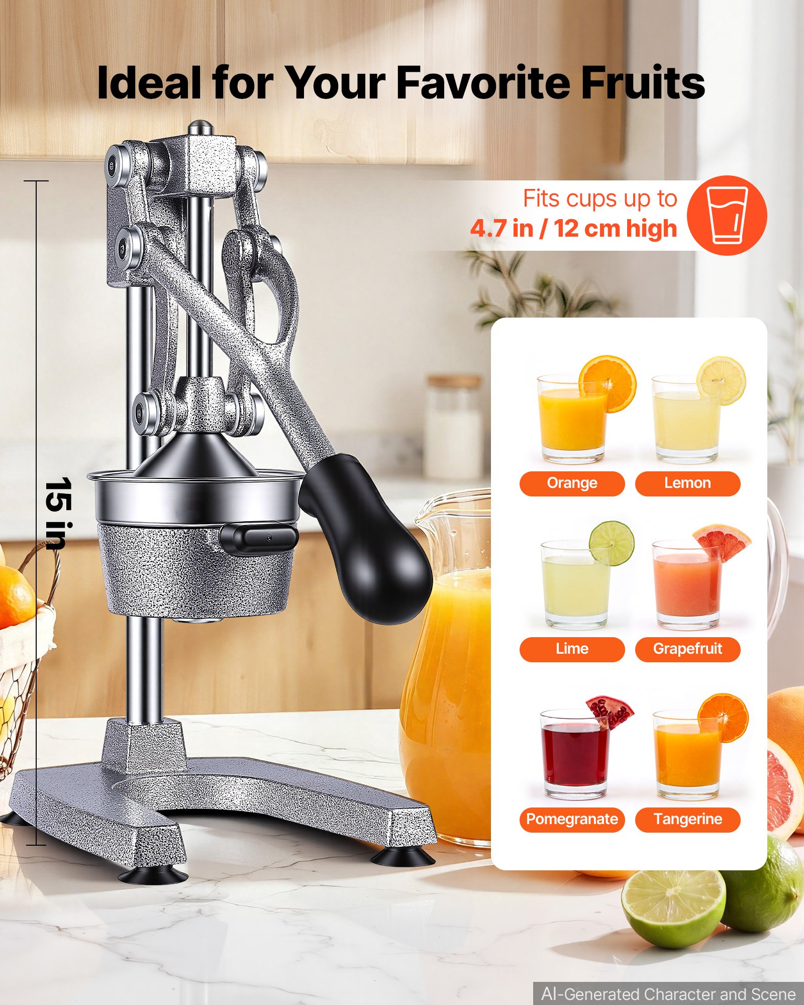 VEVOR Manual Citrus Juicer, 15" Tall Hand Press Orange Juicer, Manual Fresh Juice Extractor for Lemon Pomegranate Grapefruit, Heavy-Duty Cast Iron, Easy to Clean, Home & Commercial Use, Silver Gray