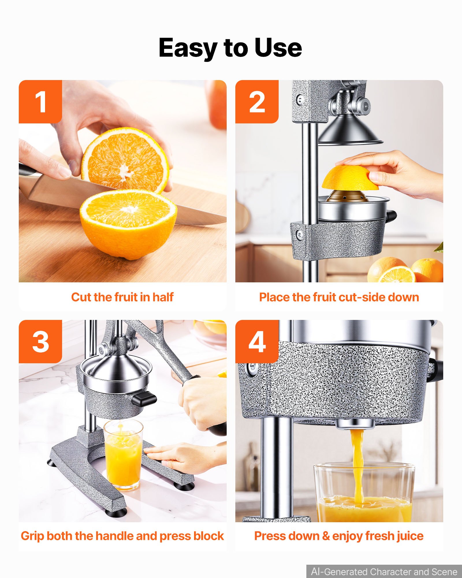 VEVOR Manual Citrus Juicer, 15" Tall Hand Press Orange Juicer, Manual Fresh Juice Extractor for Lemon Pomegranate Grapefruit, Heavy-Duty Cast Iron, Easy to Clean, Home & Commercial Use, Silver Gray