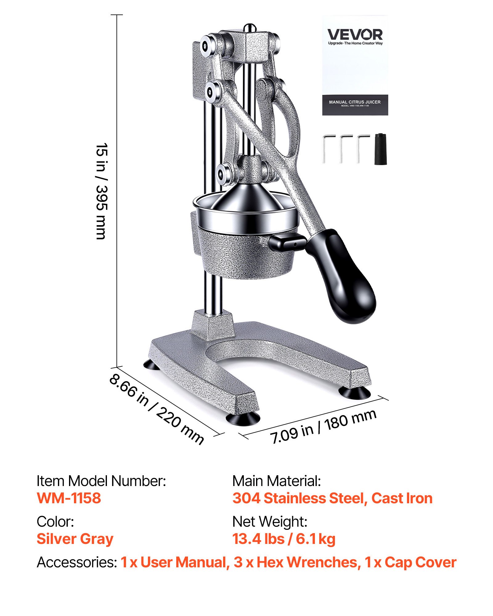 VEVOR Manual Citrus Juicer, 15" Tall Hand Press Orange Juicer, Manual Fresh Juice Extractor for Lemon Pomegranate Grapefruit, Heavy-Duty Cast Iron, Easy to Clean, Home & Commercial Use, Silver Gray