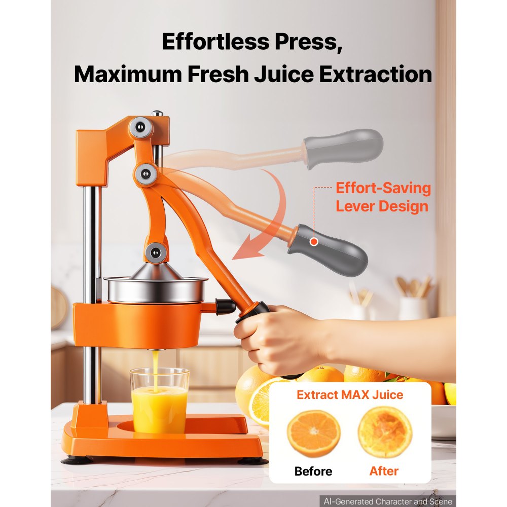 VEVOR Manual Citrus Juicer, 15" Tall Hand Press Orange Juicer, Manual Fresh Juice Extractor for Lemon Pomegranate Grapefruit, Heavy-Duty Cast Iron, Easy to Clean, Home & Commercial Use, Orange