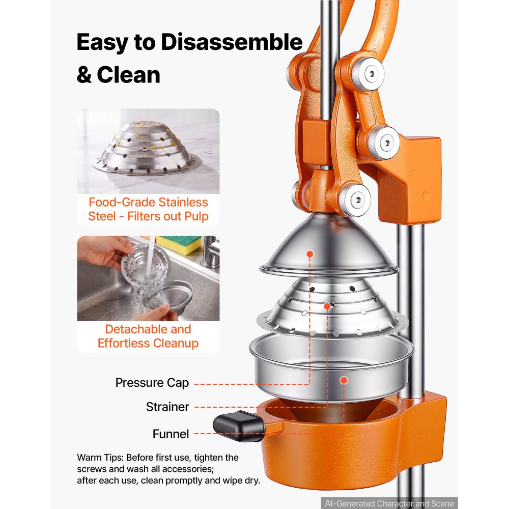 VEVOR Manual Citrus Juicer, 15" Tall Hand Press Orange Juicer, Manual Fresh Juice Extractor for Lemon Pomegranate Grapefruit, Heavy-Duty Cast Iron, Easy to Clean, Home & Commercial Use, Orange
