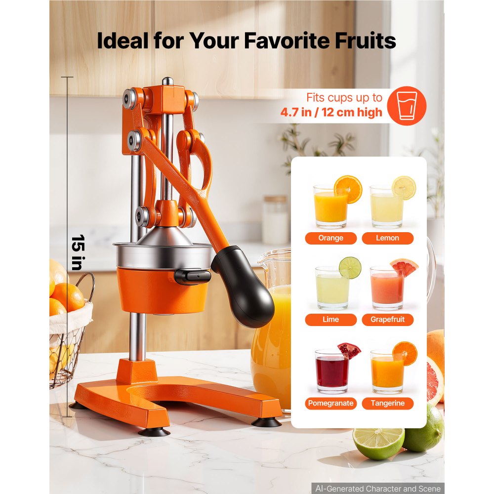 VEVOR Manual Citrus Juicer, 15" Tall Hand Press Orange Juicer, Manual Fresh Juice Extractor for Lemon Pomegranate Grapefruit, Heavy-Duty Cast Iron, Easy to Clean, Home & Commercial Use, Orange