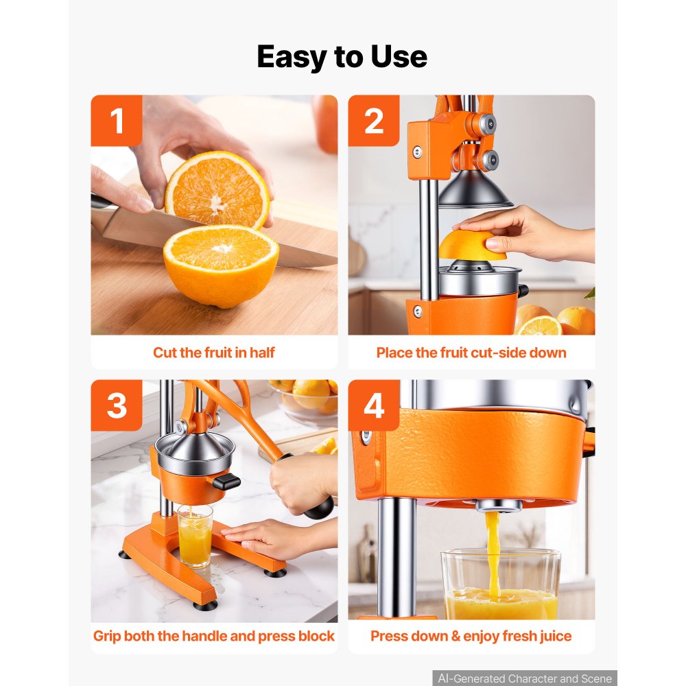 VEVOR Manual Citrus Juicer, 15" Tall Hand Press Orange Juicer, Manual Fresh Juice Extractor for Lemon Pomegranate Grapefruit, Heavy-Duty Cast Iron, Easy to Clean, Home & Commercial Use, Orange