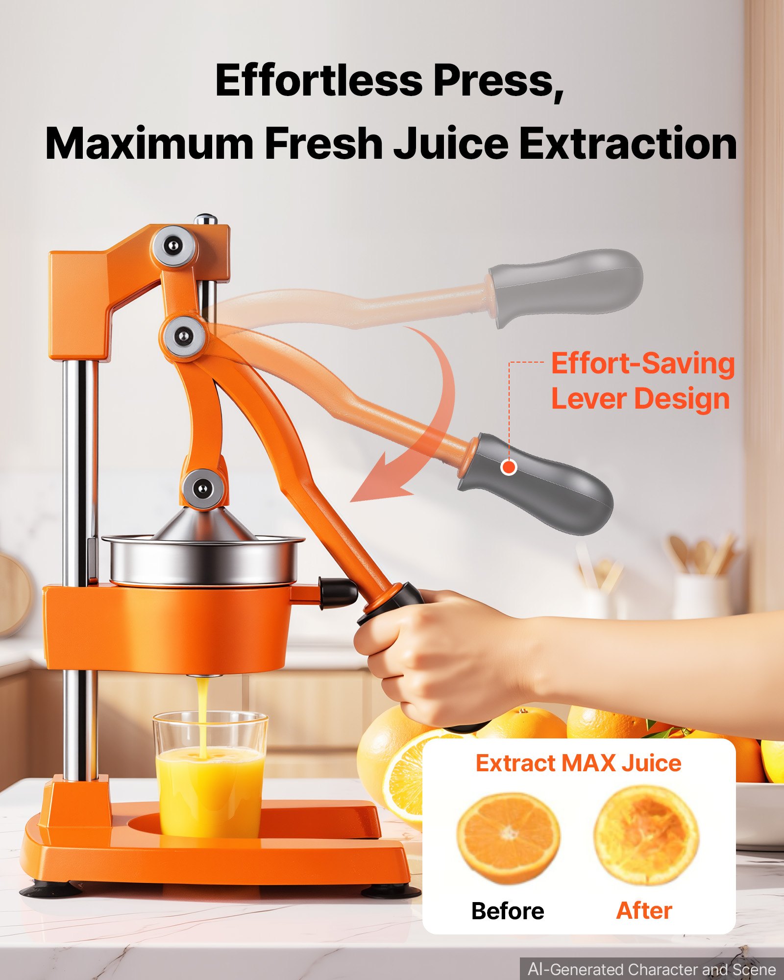 VEVOR Manual Citrus Juicer, 15" Tall Hand Press Orange Juicer, Manual Fresh Juice Extractor for Lemon Pomegranate Grapefruit, Heavy-Duty Cast Iron, Easy to Clean, Home & Commercial Use, Orange