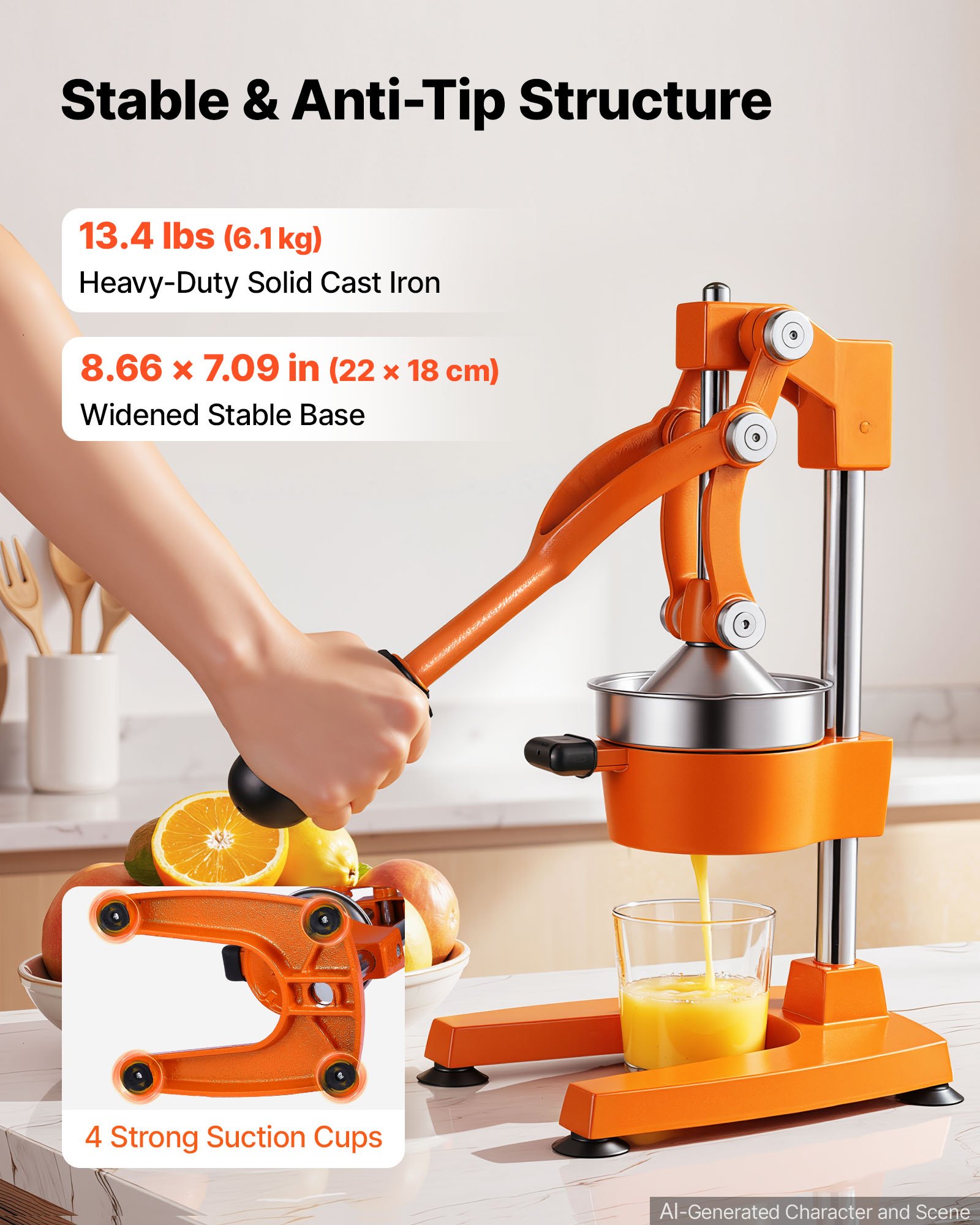 VEVOR Manual Citrus Juicer, 15" Tall Hand Press Orange Juicer, Manual Fresh Juice Extractor for Lemon Pomegranate Grapefruit, Heavy-Duty Cast Iron, Easy to Clean, Home & Commercial Use, Orange