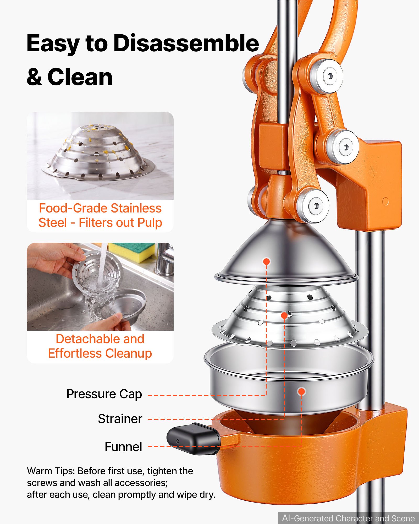 VEVOR Manual Citrus Juicer, 15" Tall Hand Press Orange Juicer, Manual Fresh Juice Extractor for Lemon Pomegranate Grapefruit, Heavy-Duty Cast Iron, Easy to Clean, Home & Commercial Use, Orange