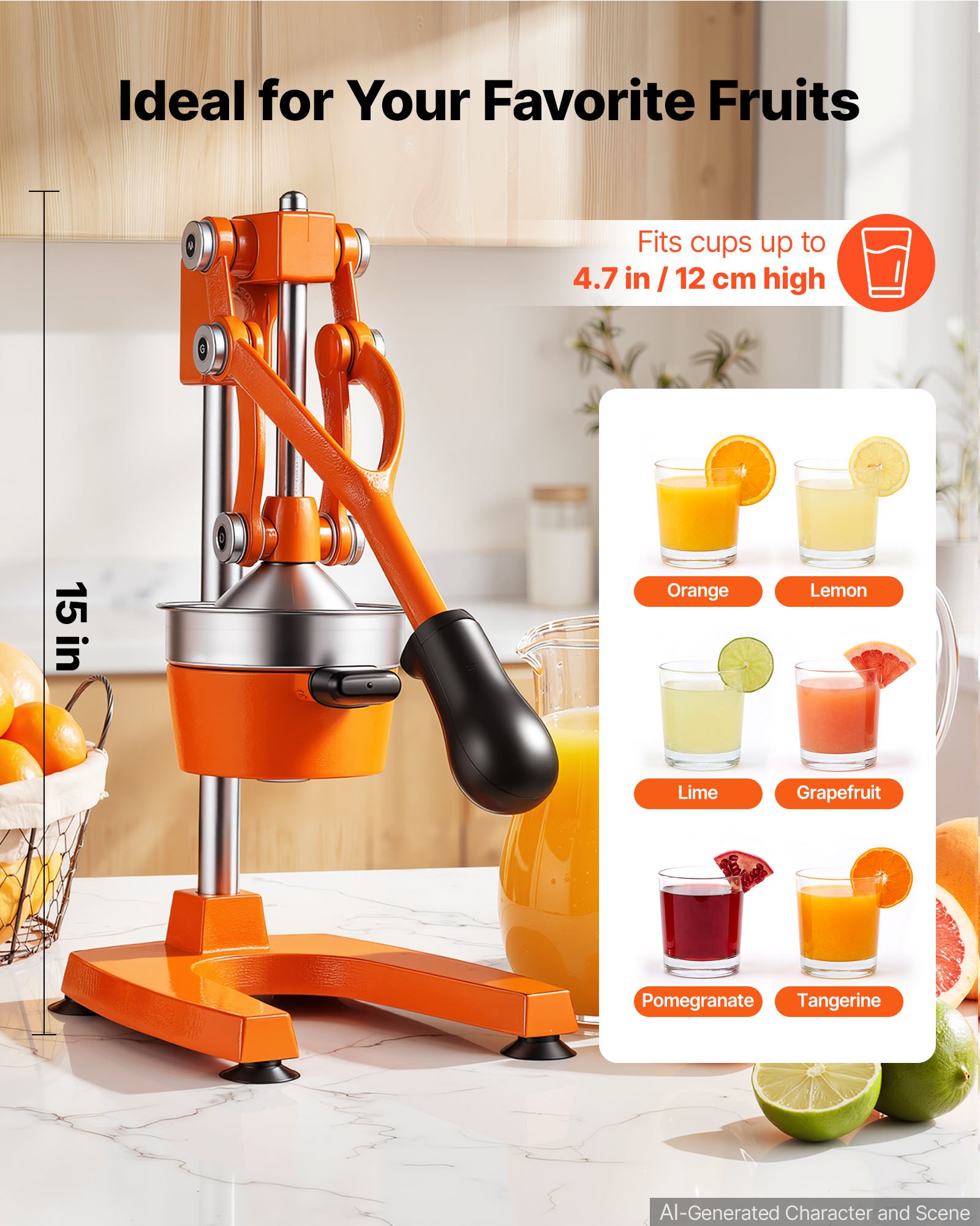VEVOR Manual Citrus Juicer, 15" Tall Hand Press Orange Juicer, Manual Fresh Juice Extractor for Lemon Pomegranate Grapefruit, Heavy-Duty Cast Iron, Easy to Clean, Home & Commercial Use, Orange