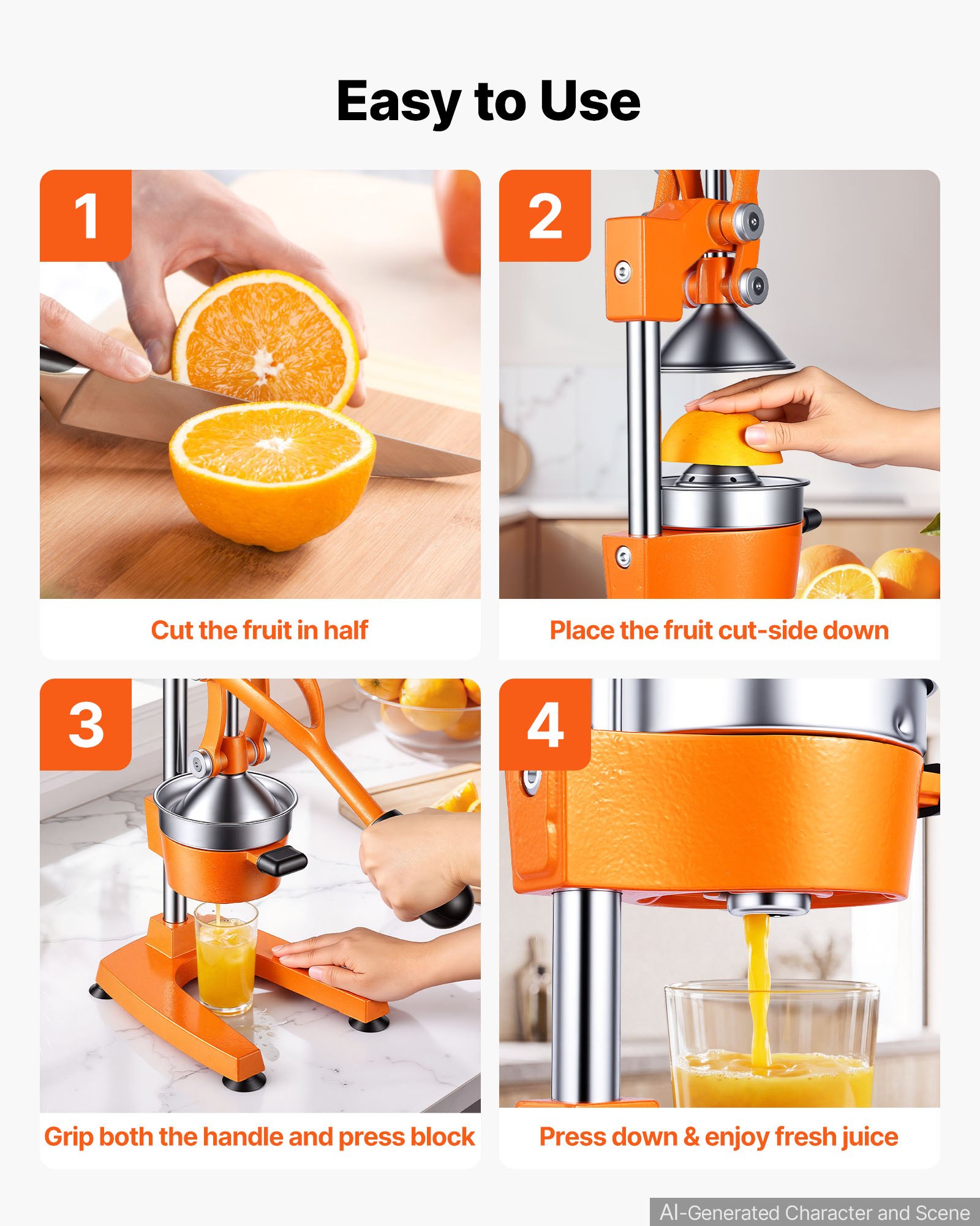 VEVOR Manual Citrus Juicer, 15" Tall Hand Press Orange Juicer, Manual Fresh Juice Extractor for Lemon Pomegranate Grapefruit, Heavy-Duty Cast Iron, Easy to Clean, Home & Commercial Use, Orange