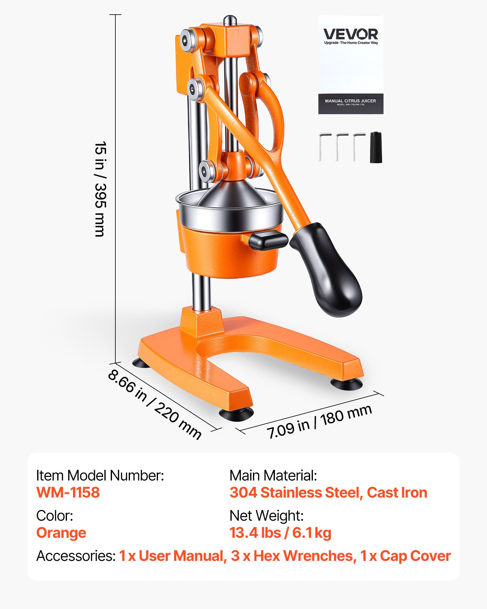 VEVOR Manual Citrus Juicer, 15" Tall Hand Press Orange Juicer, Manual Fresh Juice Extractor for Lemon Pomegranate Grapefruit, Heavy-Duty Cast Iron, Easy to Clean, Home & Commercial Use, Orange