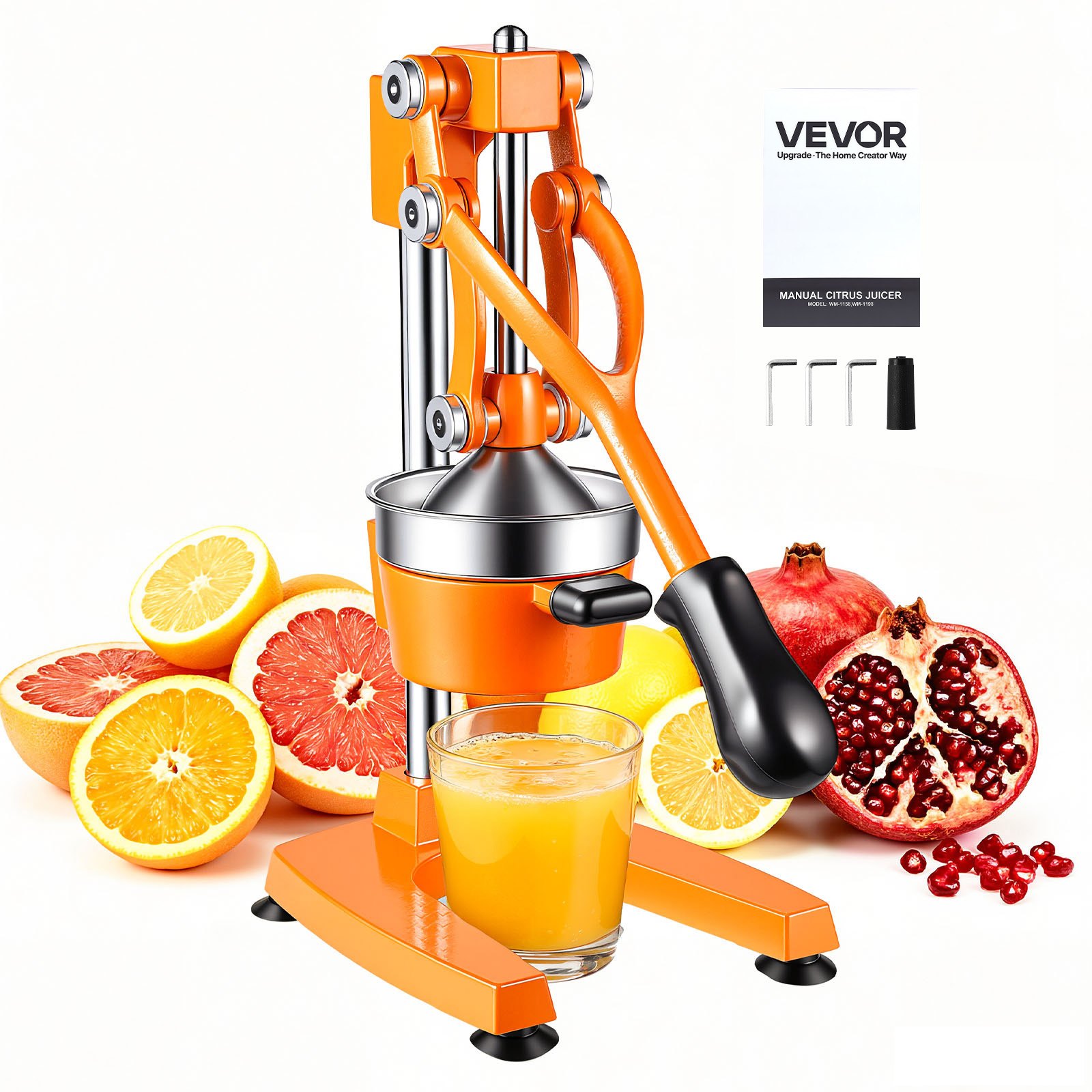 VEVOR Manual Citrus Juicer, 15" Tall Hand Press Orange Juicer, Manual Fresh Juice Extractor for Lemon Pomegranate Grapefruit, Heavy-Duty Cast Iron, Easy to Clean, Home & Commercial Use, Orange