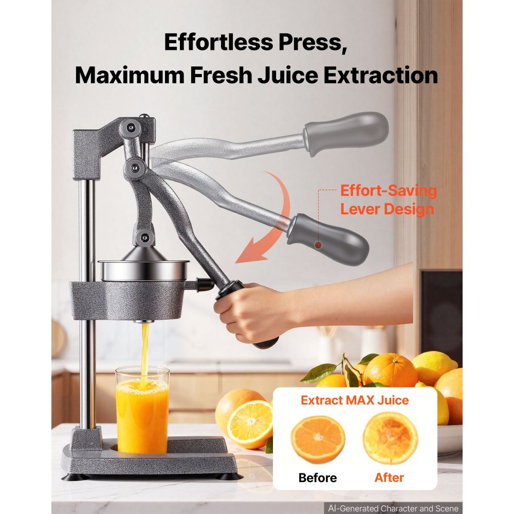VEVOR Manual Citrus Juicer, 19" Tall Hand Press Orange Juicer, Manual Fresh Juice Extractor for Lemon Pomegranate Grapefruit, Heavy-Duty Cast Iron, Easy to Clean, Home & Commercial Use, Silver Gray