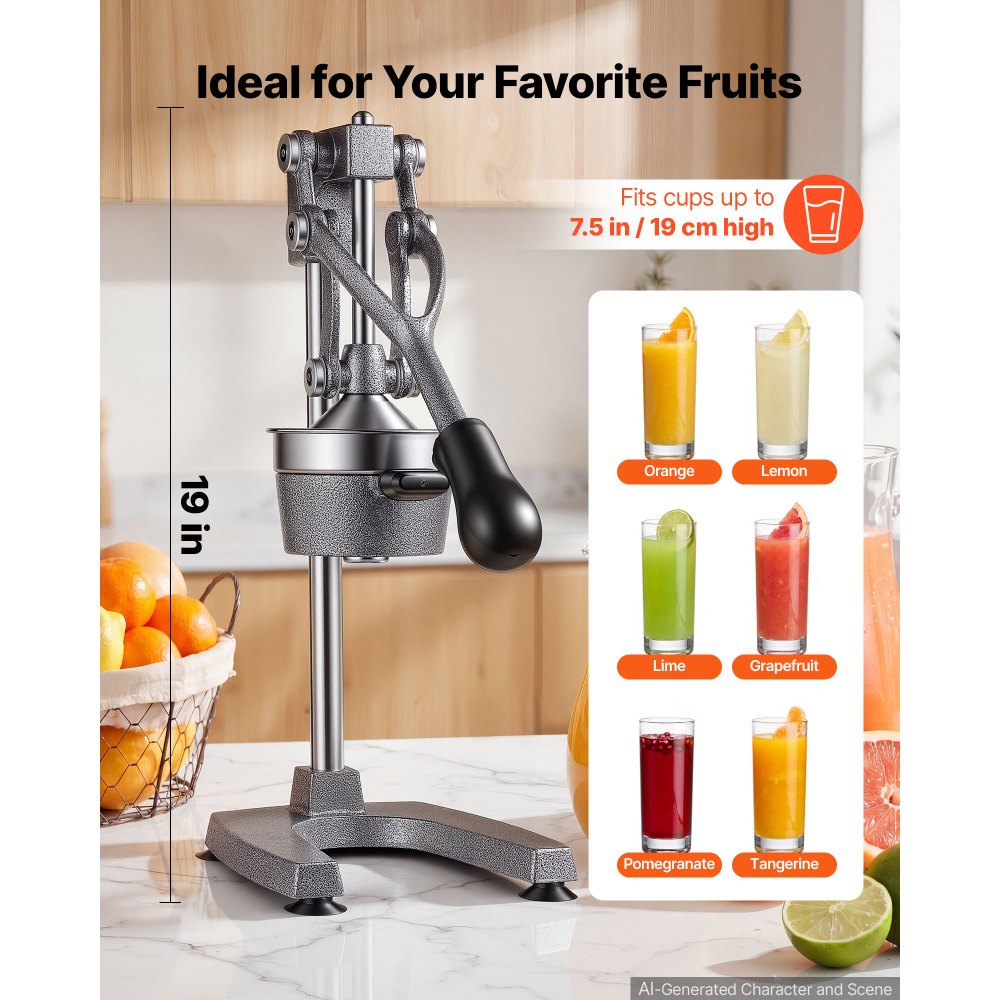 VEVOR Manual Citrus Juicer, 19" Tall Hand Press Orange Juicer, Manual Fresh Juice Extractor for Lemon Pomegranate Grapefruit, Heavy-Duty Cast Iron, Easy to Clean, Home & Commercial Use, Silver Gray