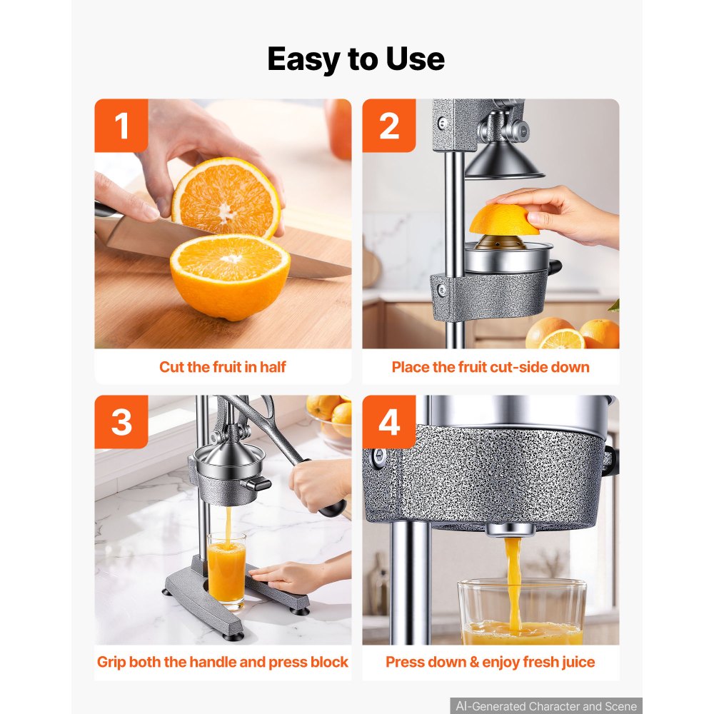 VEVOR Manual Citrus Juicer, 19" Tall Hand Press Orange Juicer, Manual Fresh Juice Extractor for Lemon Pomegranate Grapefruit, Heavy-Duty Cast Iron, Easy to Clean, Home & Commercial Use, Silver Gray