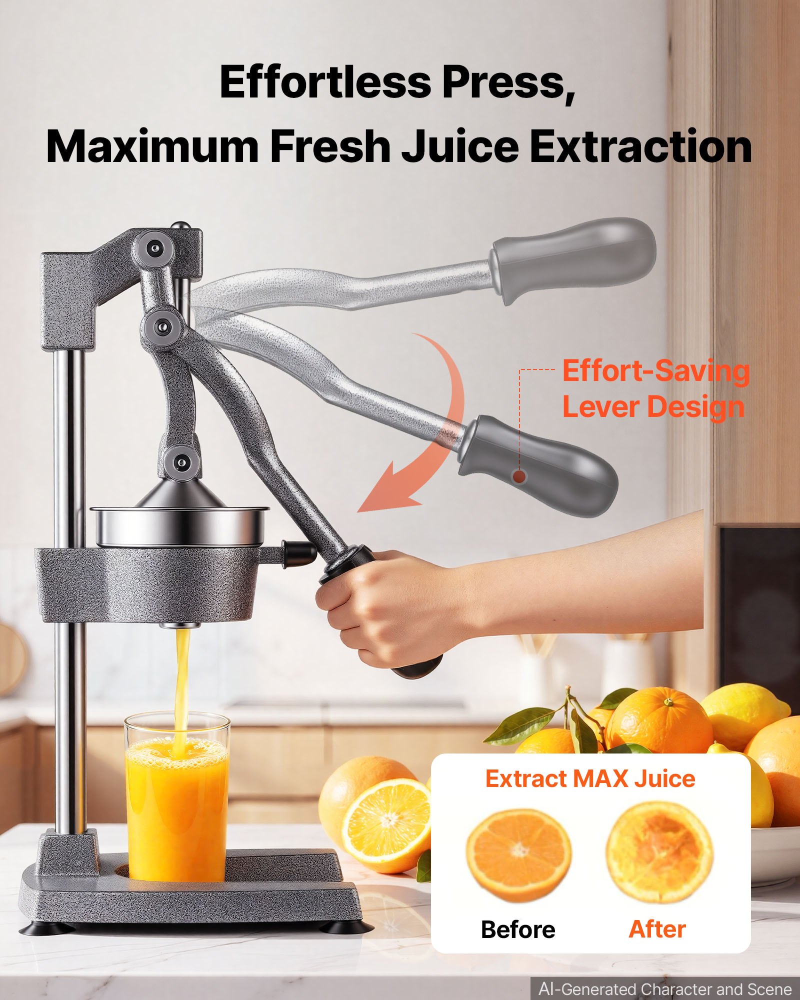 VEVOR Manual Citrus Juicer, 19" Tall Hand Press Orange Juicer, Manual Fresh Juice Extractor for Lemon Pomegranate Grapefruit, Heavy-Duty Cast Iron, Easy to Clean, Home & Commercial Use, Silver Gray