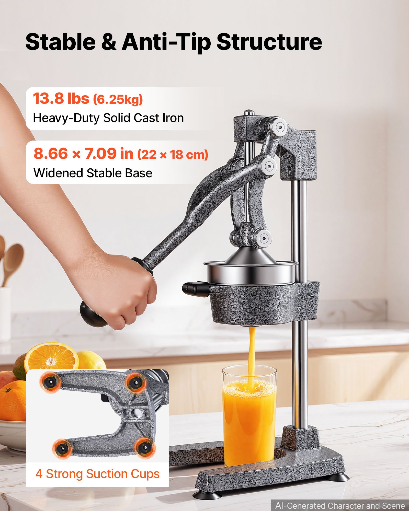 VEVOR Manual Citrus Juicer, 19" Tall Hand Press Orange Juicer, Manual Fresh Juice Extractor for Lemon Pomegranate Grapefruit, Heavy-Duty Cast Iron, Easy to Clean, Home & Commercial Use, Silver Gray