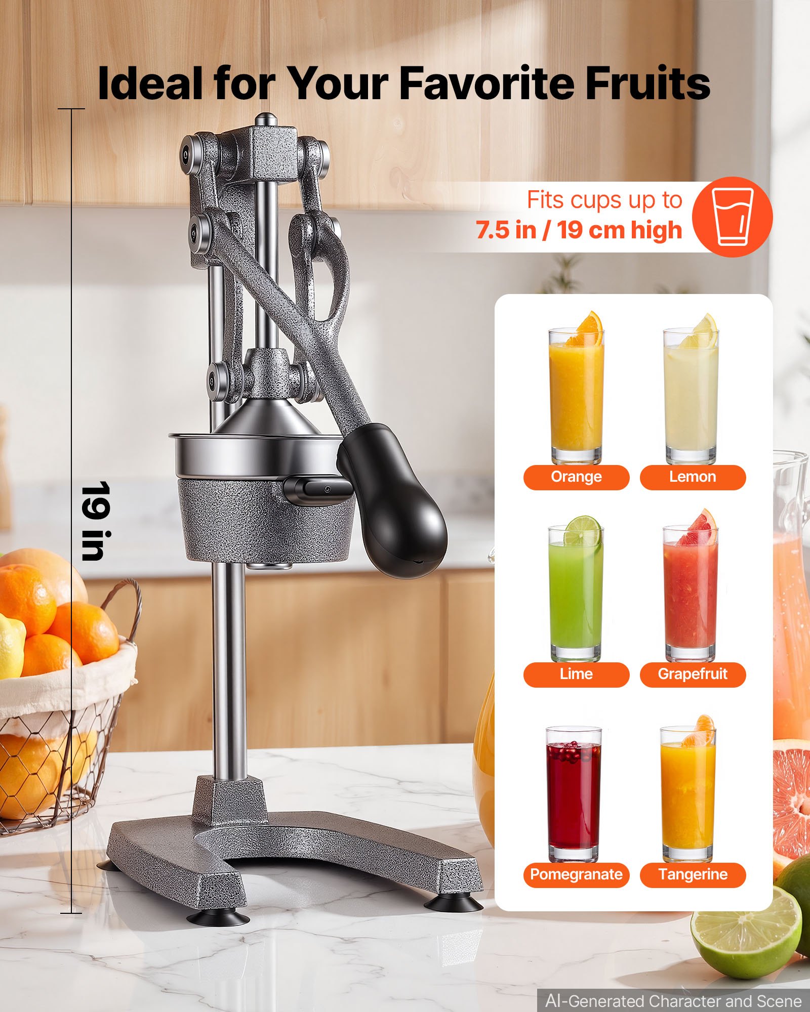 VEVOR Manual Citrus Juicer, 19" Tall Hand Press Orange Juicer, Manual Fresh Juice Extractor for Lemon Pomegranate Grapefruit, Heavy-Duty Cast Iron, Easy to Clean, Home & Commercial Use, Silver Gray