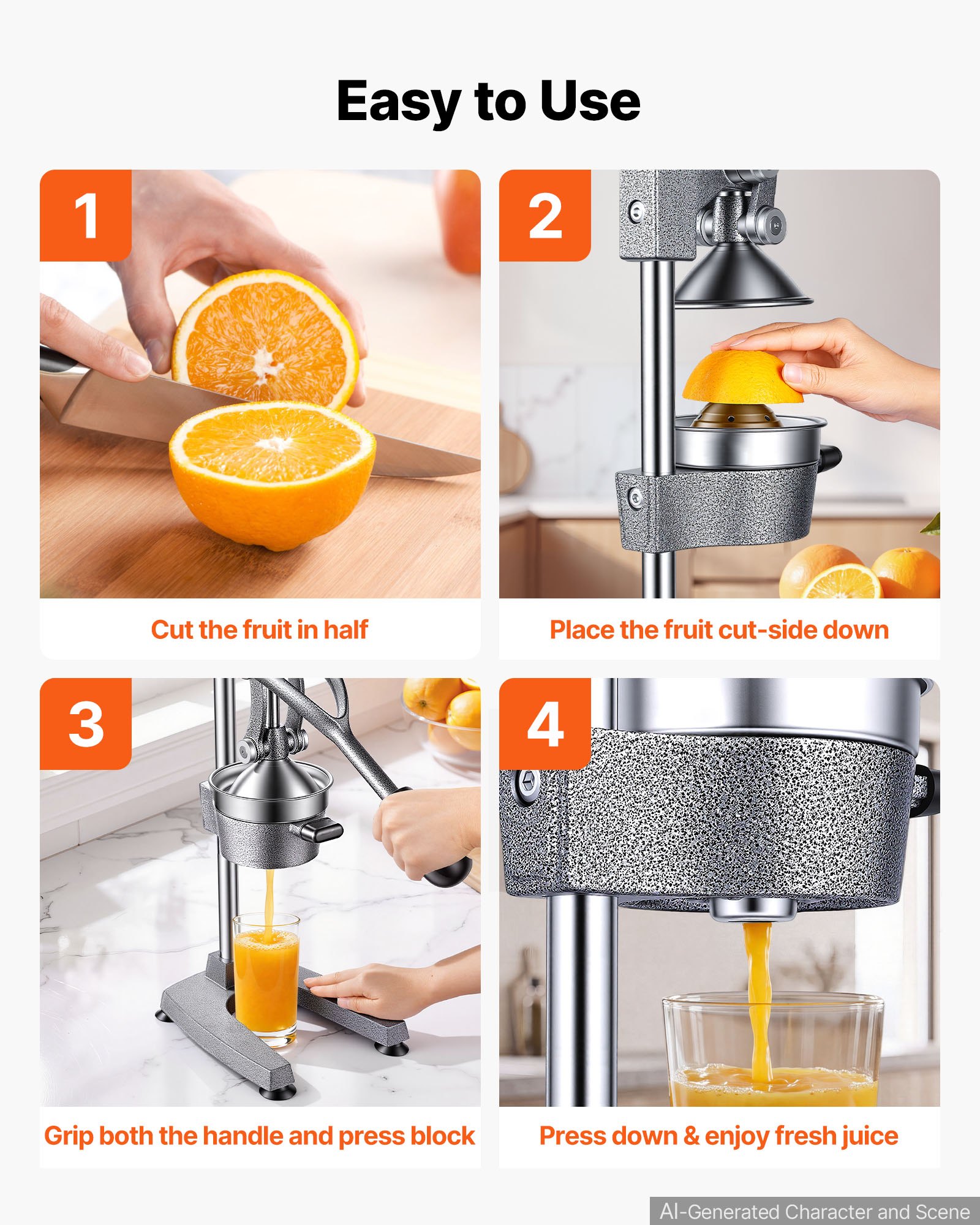 VEVOR Manual Citrus Juicer, 19" Tall Hand Press Orange Juicer, Manual Fresh Juice Extractor for Lemon Pomegranate Grapefruit, Heavy-Duty Cast Iron, Easy to Clean, Home & Commercial Use, Silver Gray