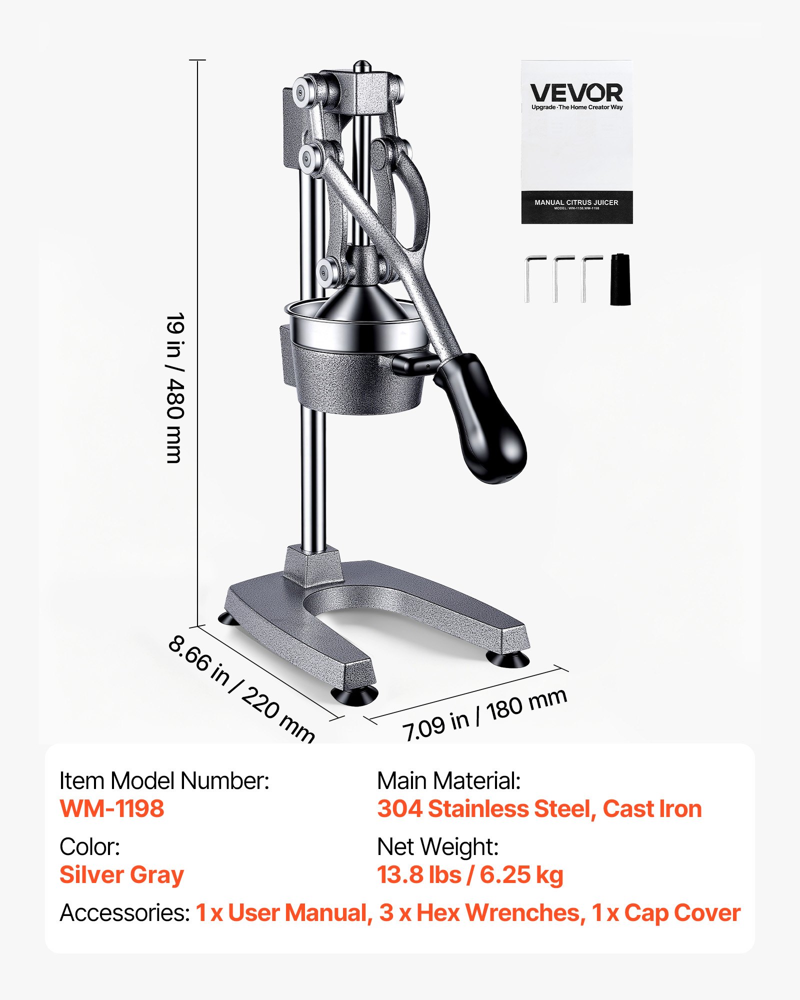 VEVOR Manual Citrus Juicer, 19" Tall Hand Press Orange Juicer, Manual Fresh Juice Extractor for Lemon Pomegranate Grapefruit, Heavy-Duty Cast Iron, Easy to Clean, Home & Commercial Use, Silver Gray
