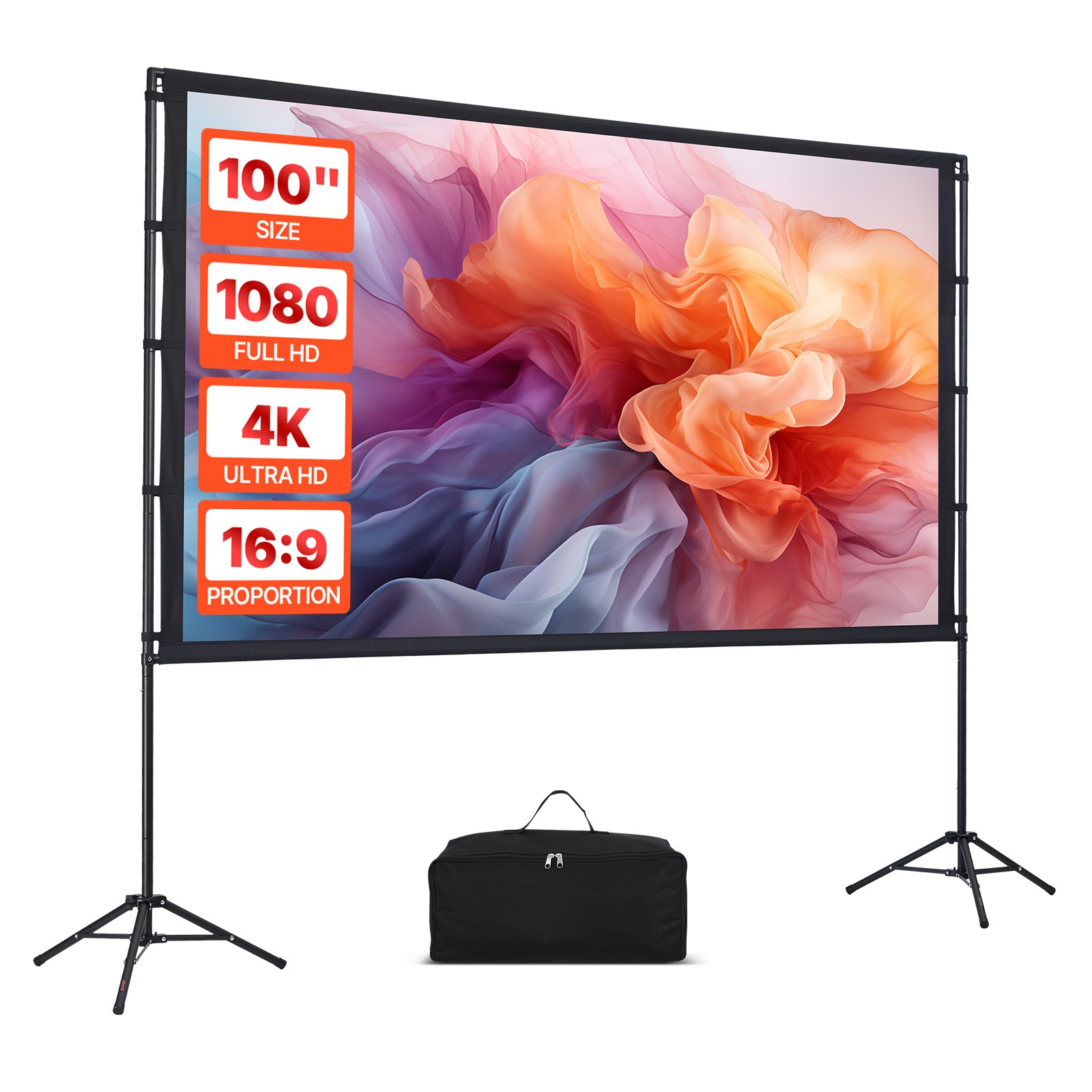 VEVOR Projector Screen with Stand, 100 Inch 160° Wide Angle Indoor Outdoor Projection Screen, 16:9 4K HD Wrinkleless Portable Dual-Tripod Screens with Carry Bag, for Movie Home Theater Presentation